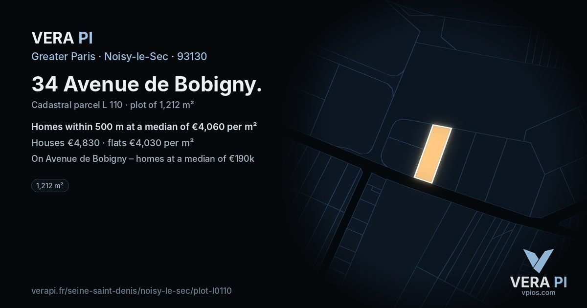 34 Avenue de Bobigny, Noisy-le-Sec at night – the plot lit, the parcels around coloured by the prices near them