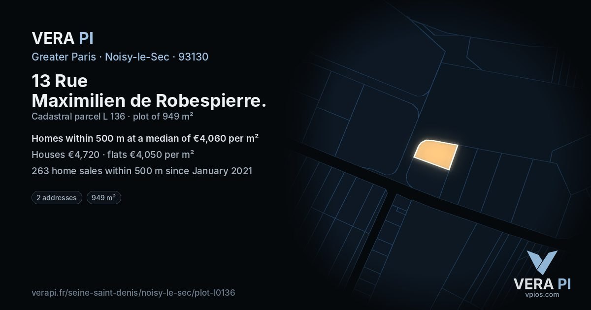 13 Rue Maximilien de Robespierre, Noisy-le-Sec at night – the plot lit, the parcels around coloured by the prices near them