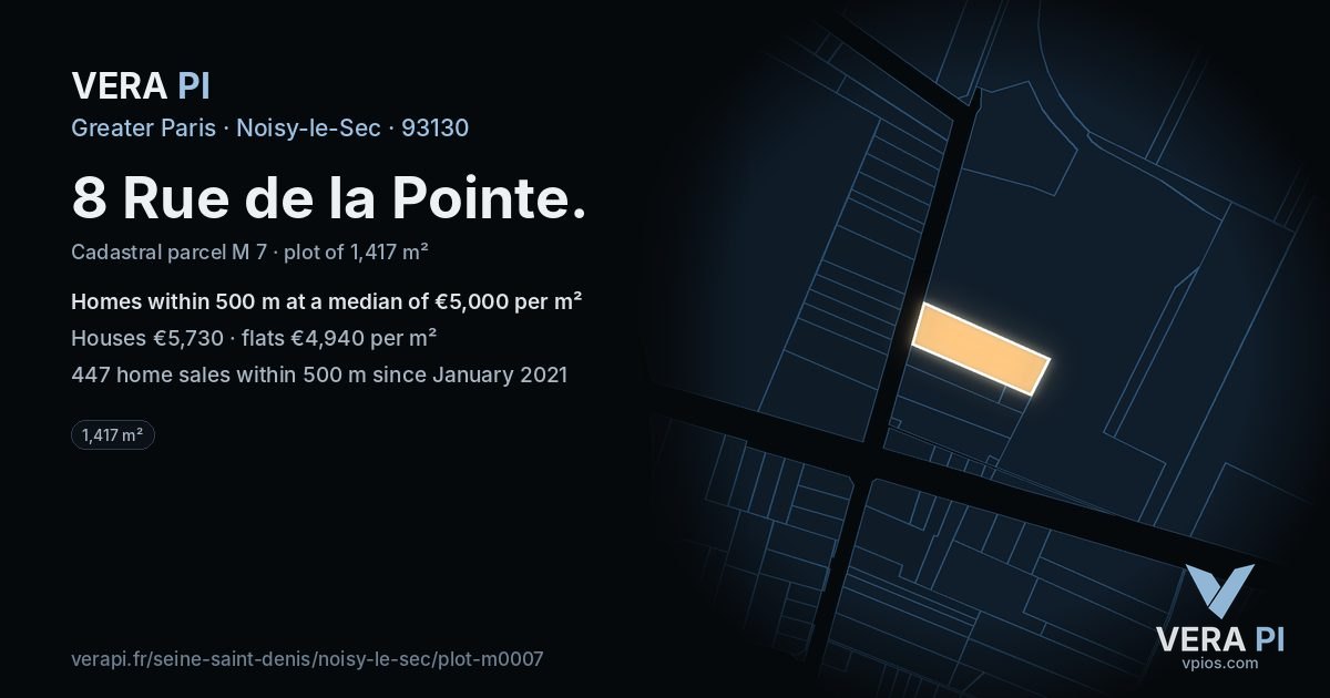 8 Rue de la Pointe, Noisy-le-Sec at night – the plot lit, the parcels around coloured by the prices near them