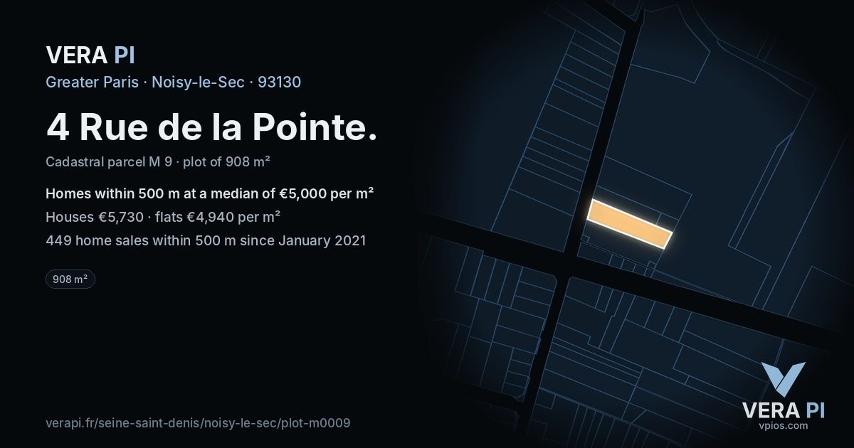 4 Rue de la Pointe, Noisy-le-Sec at night – the plot lit, the parcels around coloured by the prices near them