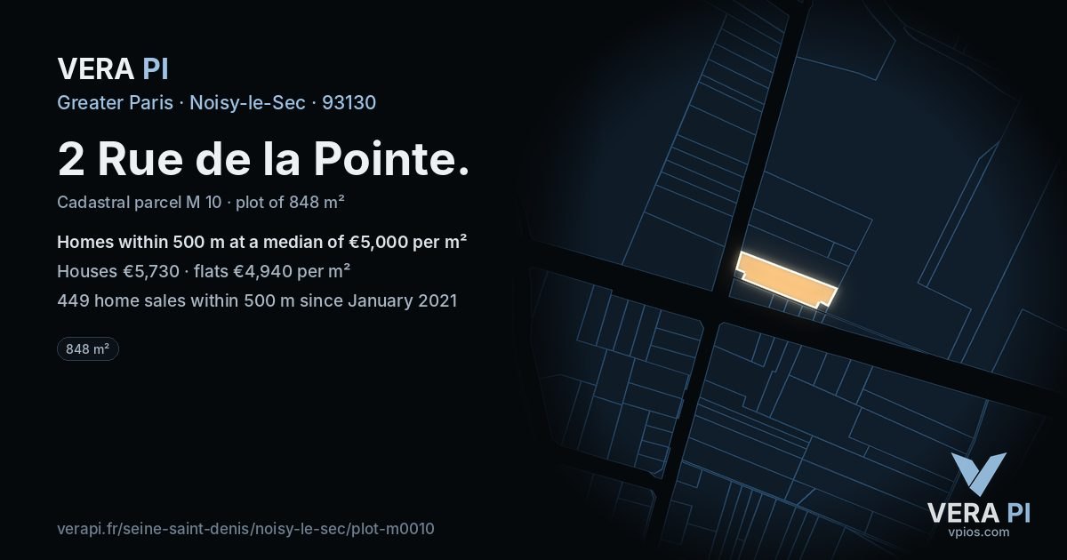 2 Rue de la Pointe, Noisy-le-Sec at night – the plot lit, the parcels around coloured by the prices near them