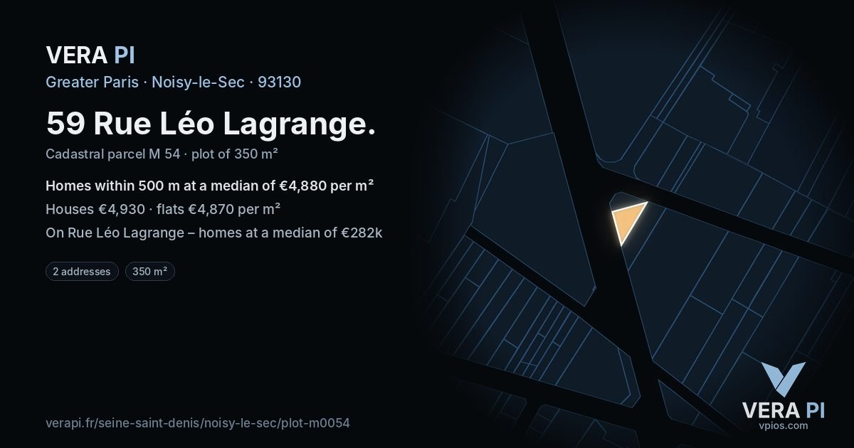 59 Rue Léo Lagrange, Noisy-le-Sec at night – the plot lit, the parcels around coloured by the prices near them