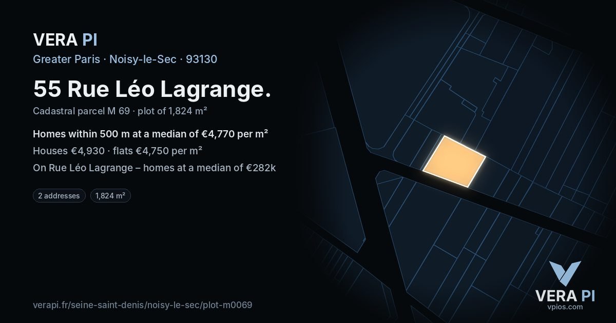 55 Rue Léo Lagrange, Noisy-le-Sec at night – the plot lit, the parcels around coloured by the prices near them
