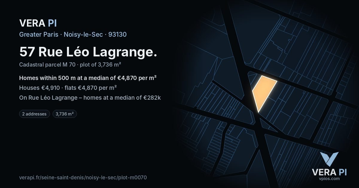 57 Rue Léo Lagrange, Noisy-le-Sec at night – the plot lit, the parcels around coloured by the prices near them