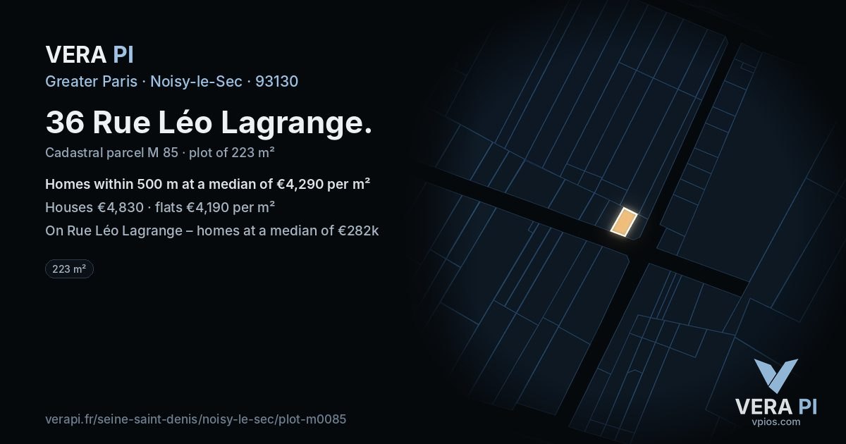 36 Rue Léo Lagrange, Noisy-le-Sec at night – the plot lit, the parcels around coloured by the prices near them
