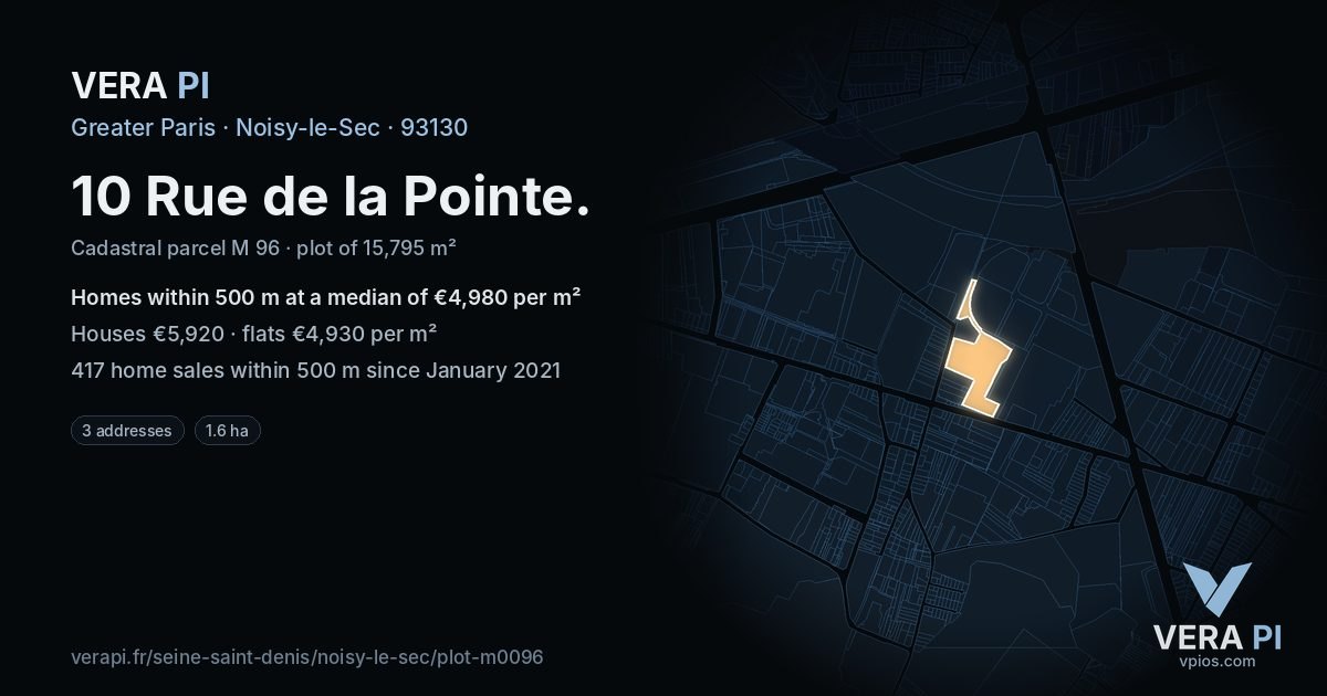 10 Rue de la Pointe, Noisy-le-Sec at night – the plot lit, the parcels around coloured by the prices near them