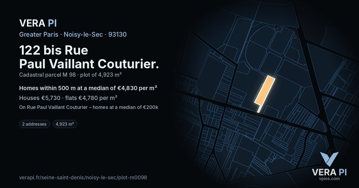 122 bis Rue Paul Vaillant Couturier, Noisy-le-Sec at night – the plot lit, the parcels around coloured by the prices near them
