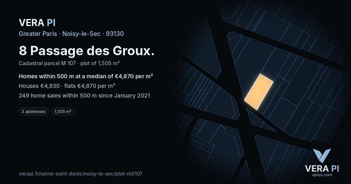 8 Passage des Groux, Noisy-le-Sec at night – the plot lit, the parcels around coloured by the prices near them