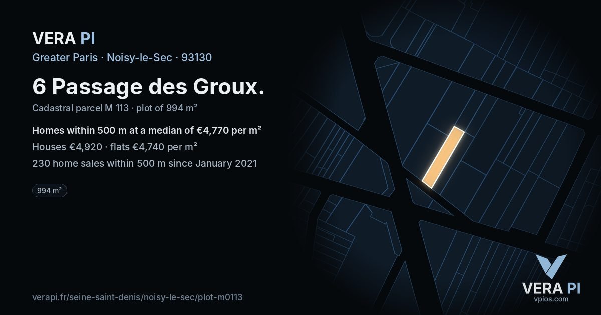 6 Passage des Groux, Noisy-le-Sec at night – the plot lit, the parcels around coloured by the prices near them