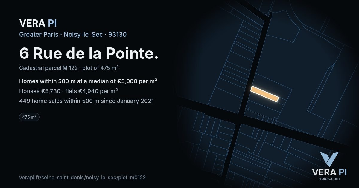 6 Rue de la Pointe, Noisy-le-Sec at night – the plot lit, the parcels around coloured by the prices near them