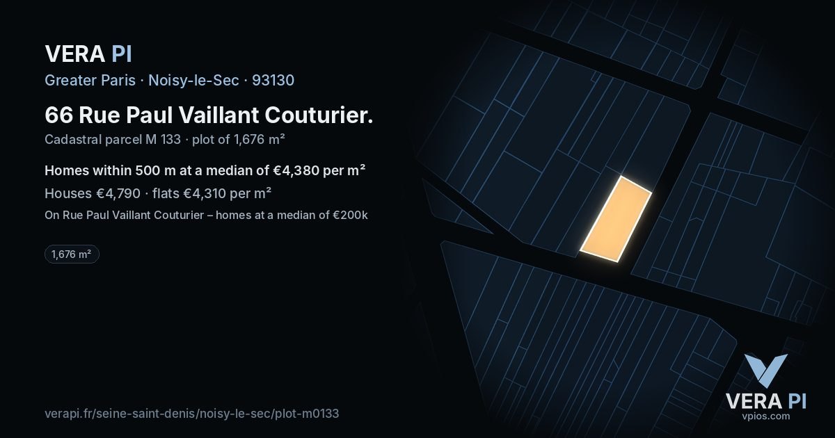 66 Rue Paul Vaillant Couturier, Noisy-le-Sec at night – the plot lit, the parcels around coloured by the prices near them