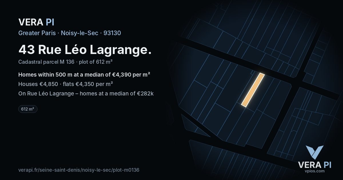 43 Rue Léo Lagrange, Noisy-le-Sec at night – the plot lit, the parcels around coloured by the prices near them