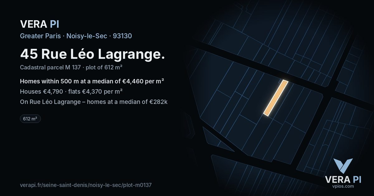 45 Rue Léo Lagrange, Noisy-le-Sec at night – the plot lit, the parcels around coloured by the prices near them