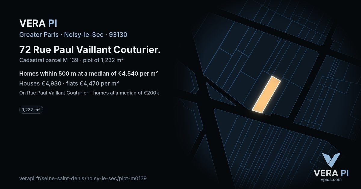 72 Rue Paul Vaillant Couturier, Noisy-le-Sec at night – the plot lit, the parcels around coloured by the prices near them