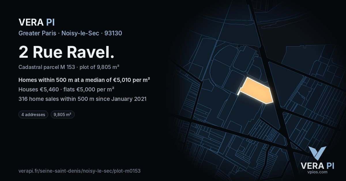 2 Rue Ravel, Noisy-le-Sec at night – the plot lit, the parcels around coloured by the prices near them