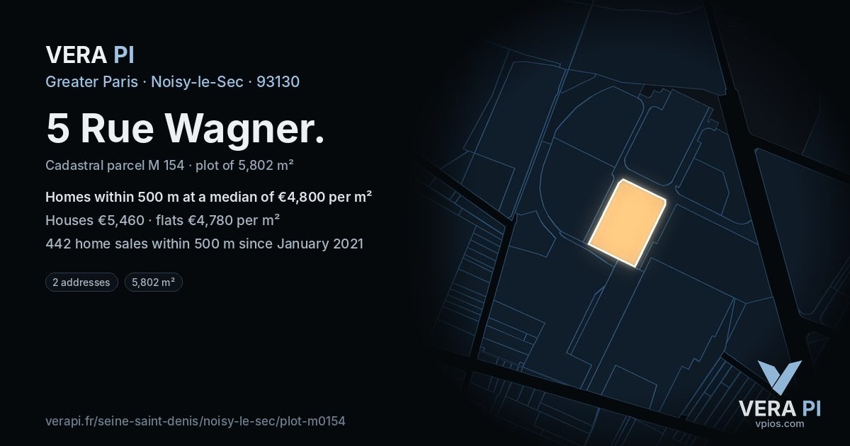 5 Rue Wagner, Noisy-le-Sec at night – the plot lit, the parcels around coloured by the prices near them