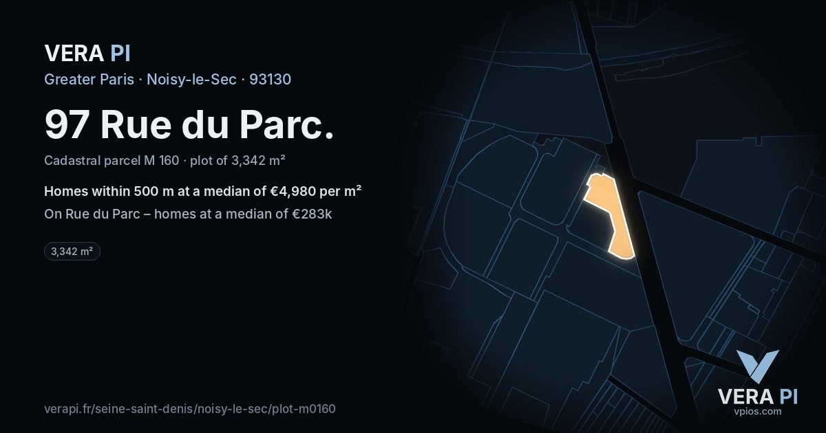 97 Rue du Parc, Noisy-le-Sec at night – the plot lit, the parcels around coloured by the prices near them