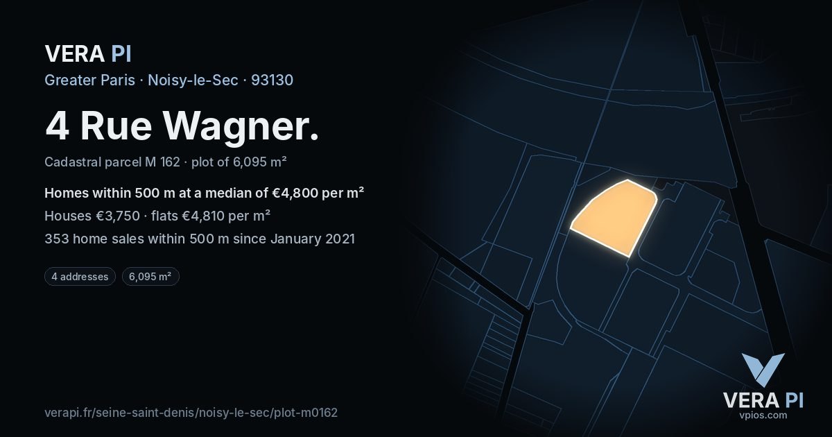4 Rue Wagner, Noisy-le-Sec at night – the plot lit, the parcels around coloured by the prices near them
