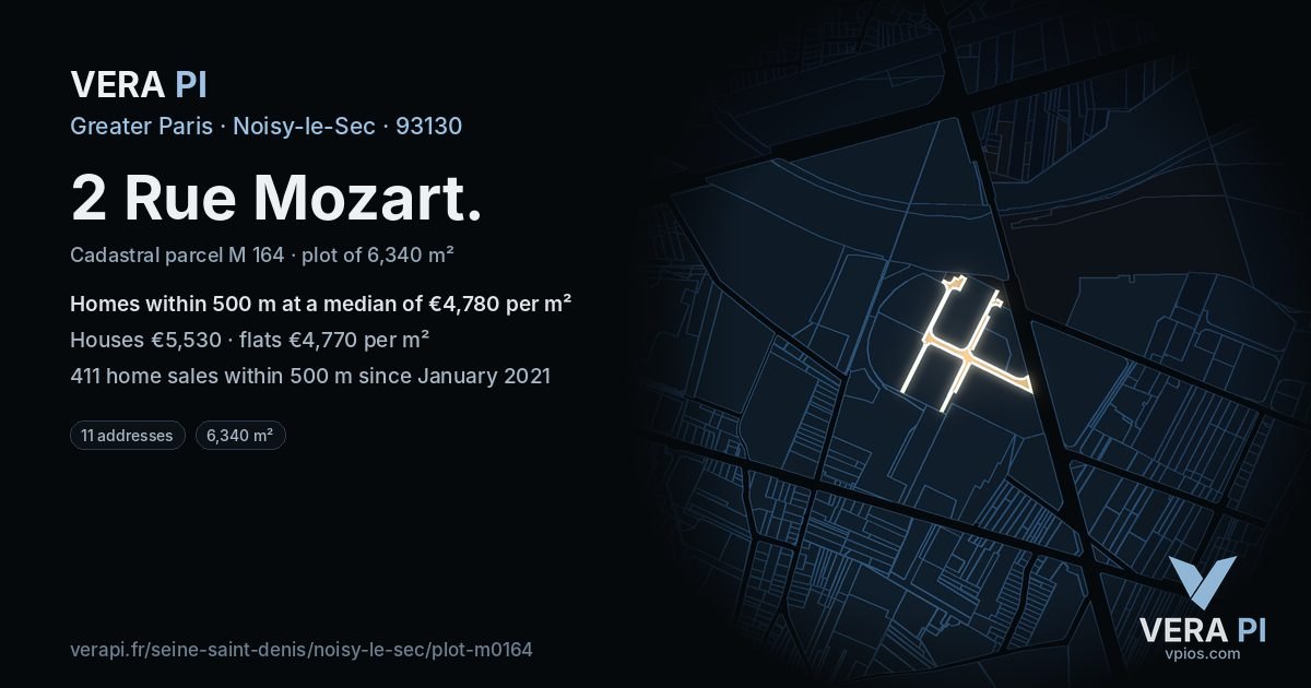 2 Rue Mozart, Noisy-le-Sec at night – the plot lit, the parcels around coloured by the prices near them