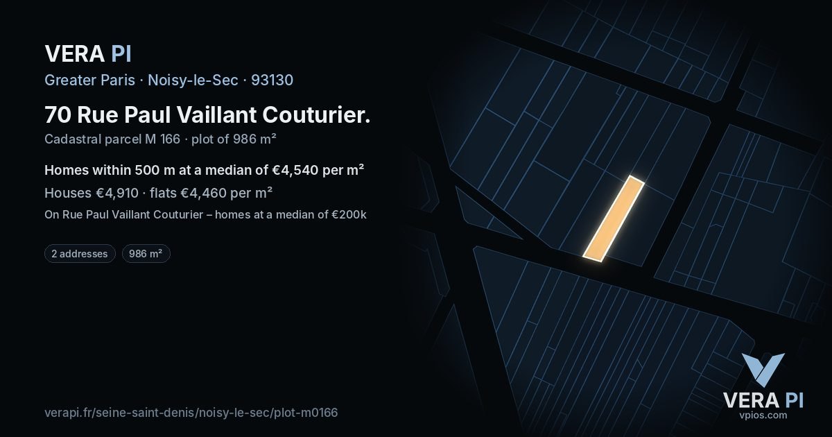 70 Rue Paul Vaillant Couturier, Noisy-le-Sec at night – the plot lit, the parcels around coloured by the prices near them