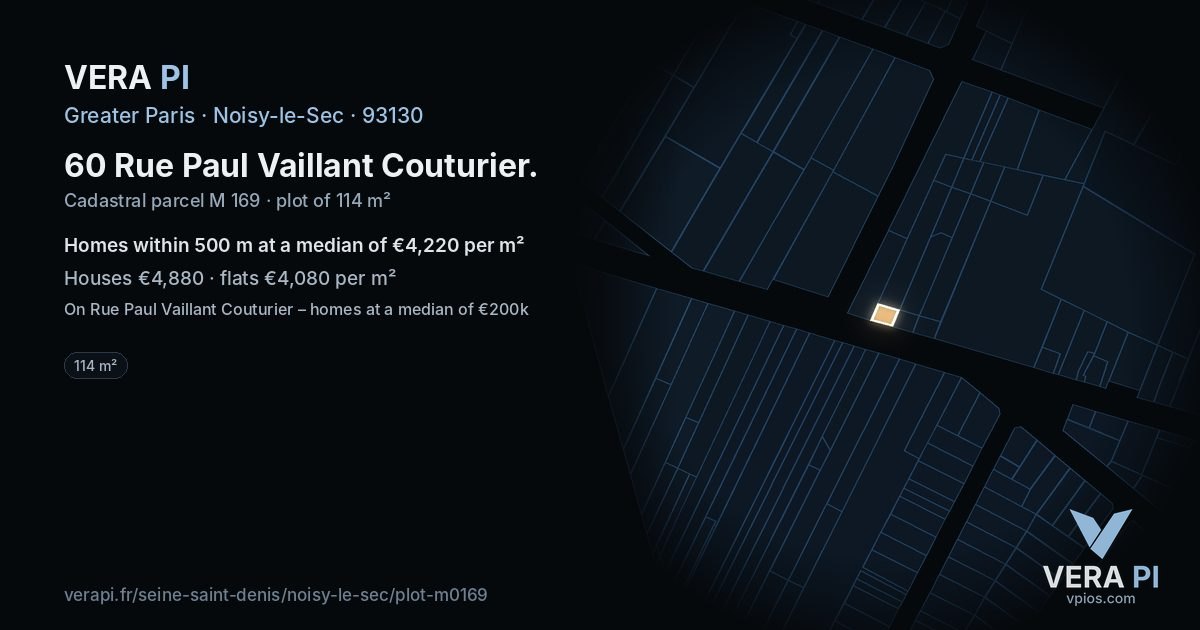 60 Rue Paul Vaillant Couturier, Noisy-le-Sec at night – the plot lit, the parcels around coloured by the prices near them