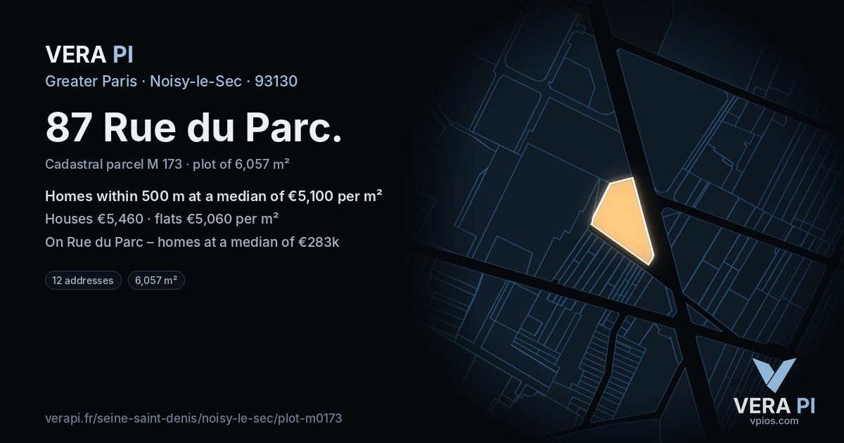 87 Rue du Parc, Noisy-le-Sec at night – the plot lit, the parcels around coloured by the prices near them