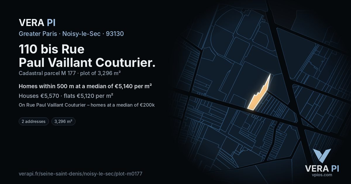 110 bis Rue Paul Vaillant Couturier, Noisy-le-Sec at night – the plot lit, the parcels around coloured by the prices near them
