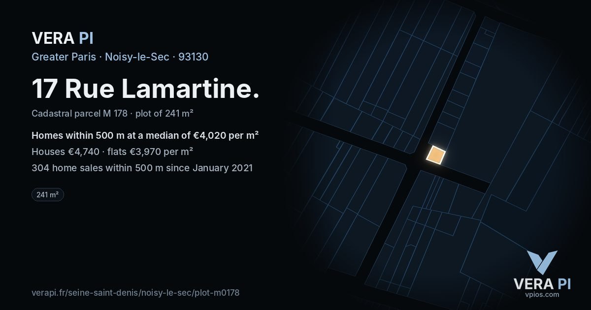 17 Rue Lamartine, Noisy-le-Sec at night – the plot lit, the parcels around coloured by the prices near them