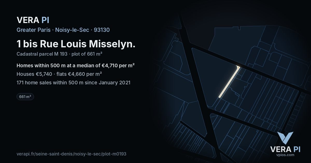 1 bis Rue Louis Misselyn, Noisy-le-Sec at night – the plot lit, the parcels around coloured by the prices near them