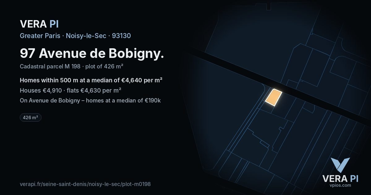 97 Avenue de Bobigny, Noisy-le-Sec at night – the plot lit, the parcels around coloured by the prices near them
