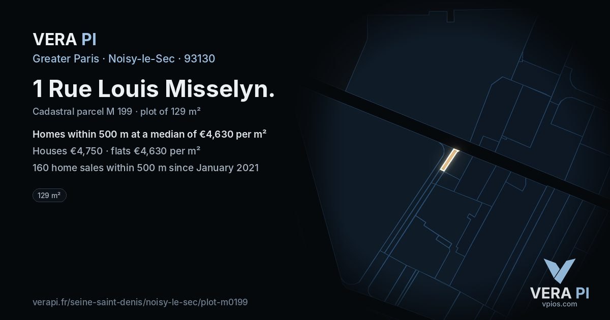 1 Rue Louis Misselyn, Noisy-le-Sec at night – the plot lit, the parcels around coloured by the prices near them