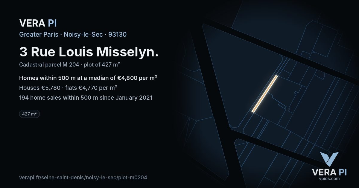 3 Rue Louis Misselyn, Noisy-le-Sec at night – the plot lit, the parcels around coloured by the prices near them