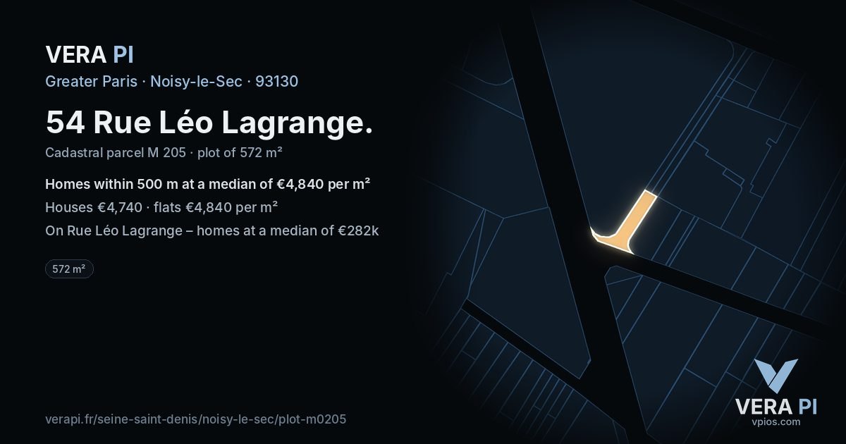 54 Rue Léo Lagrange, Noisy-le-Sec at night – the plot lit, the parcels around coloured by the prices near them