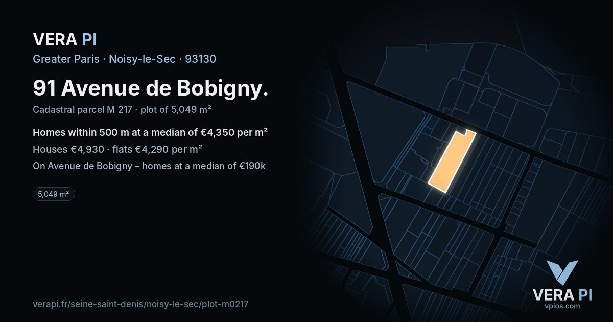 91 Avenue de Bobigny, Noisy-le-Sec at night – the plot lit, the parcels around coloured by the prices near them