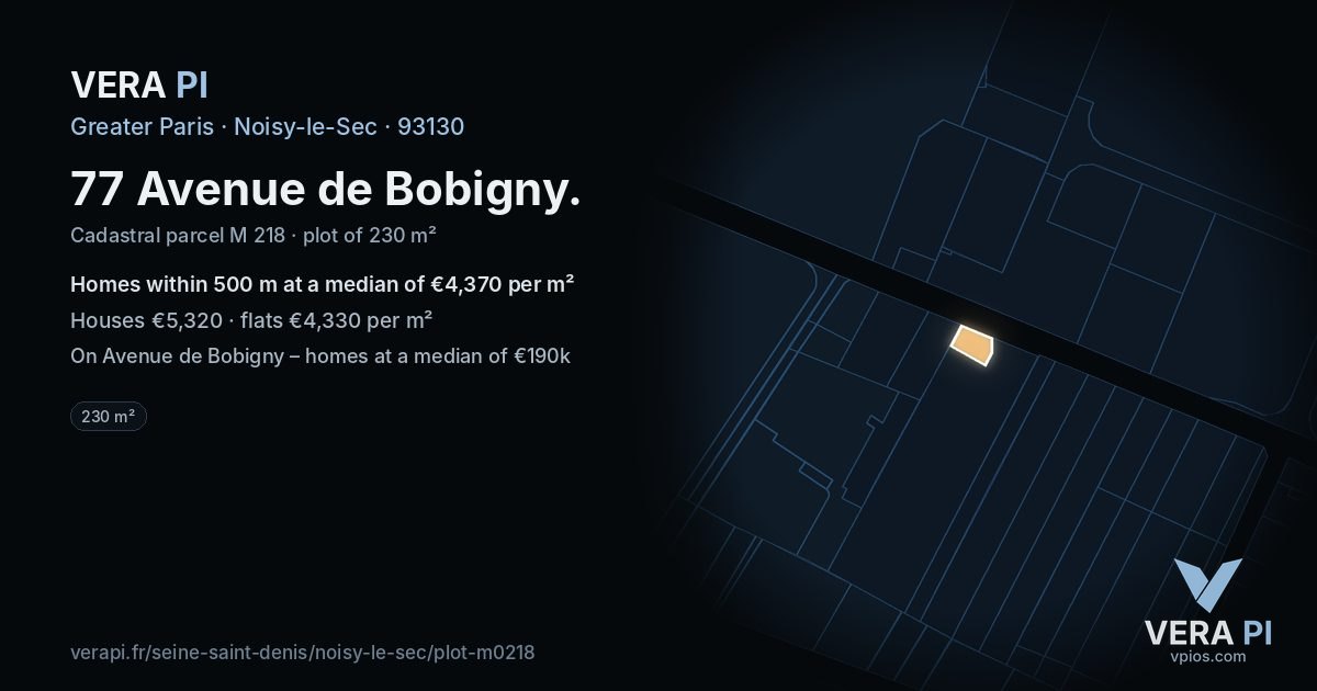 77 Avenue de Bobigny, Noisy-le-Sec at night – the plot lit, the parcels around coloured by the prices near them