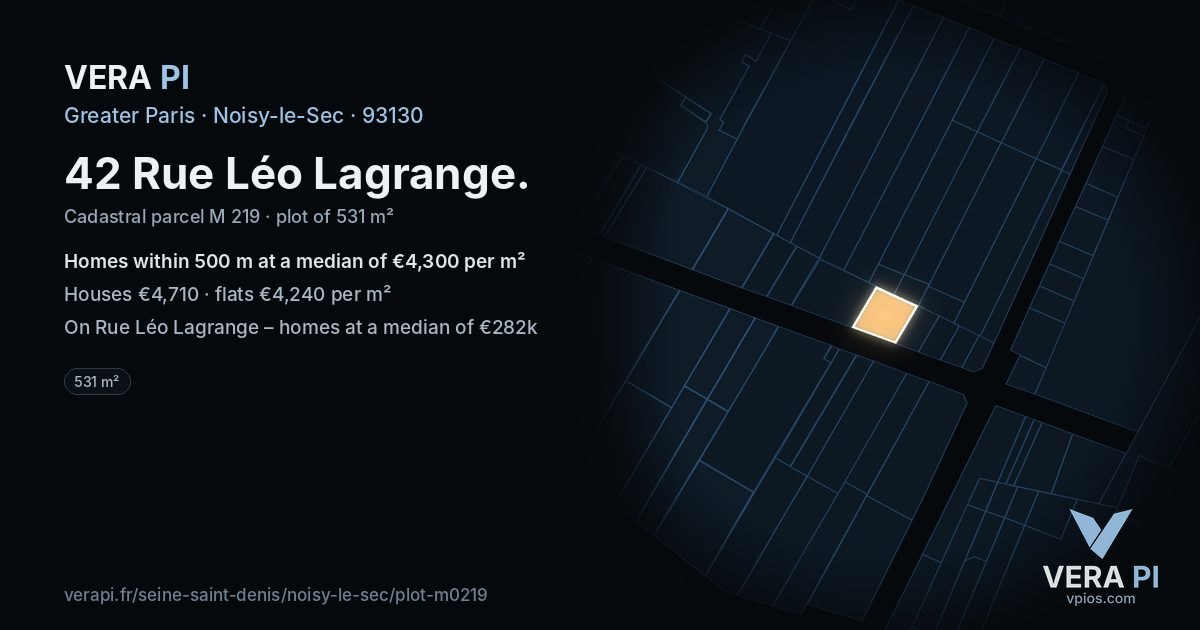 42 Rue Léo Lagrange, Noisy-le-Sec at night – the plot lit, the parcels around coloured by the prices near them