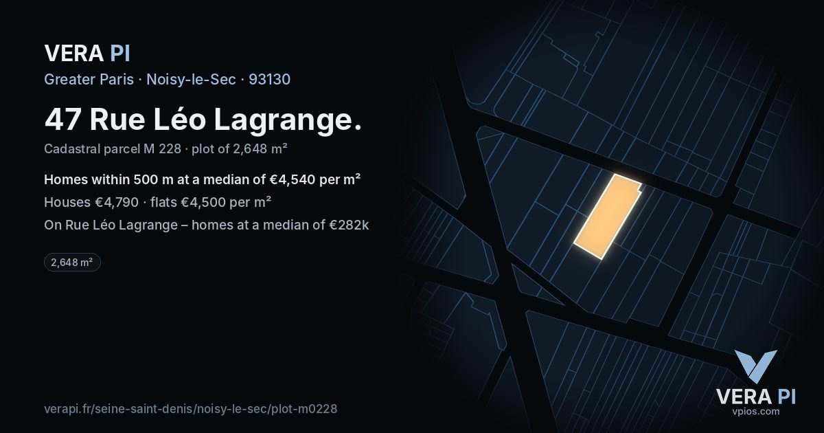47 Rue Léo Lagrange, Noisy-le-Sec at night – the plot lit, the parcels around coloured by the prices near them