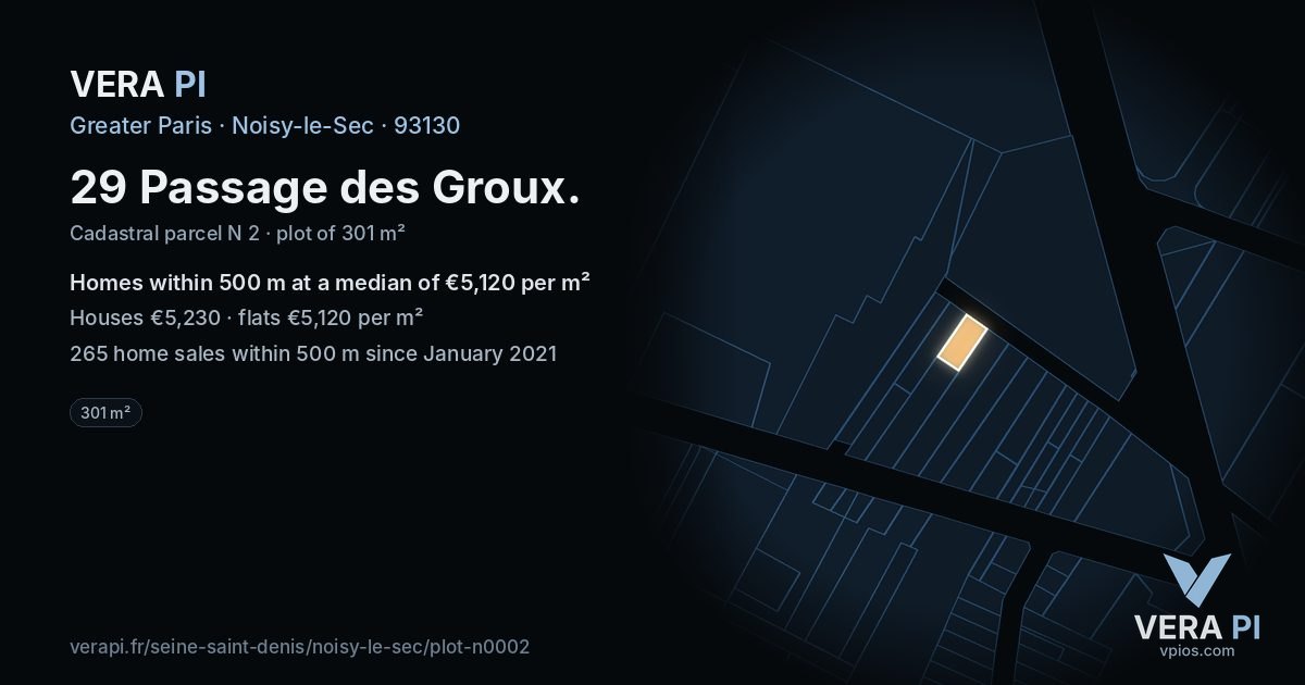29 Passage des Groux, Noisy-le-Sec at night – the plot lit, the parcels around coloured by the prices near them