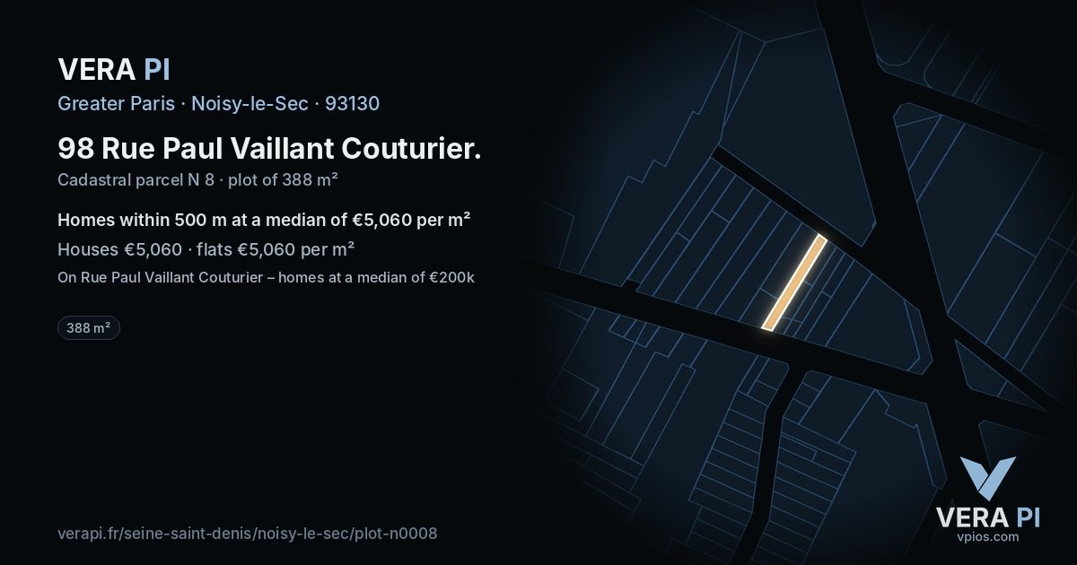 98 Rue Paul Vaillant Couturier, Noisy-le-Sec at night – the plot lit, the parcels around coloured by the prices near them