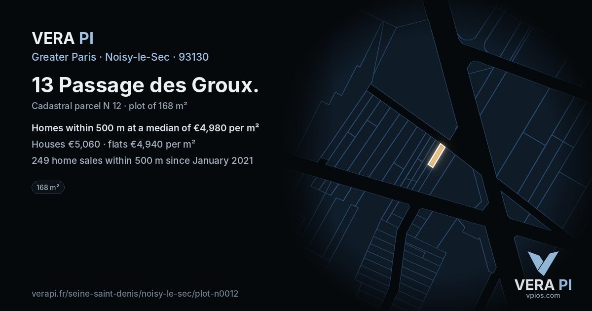 13 Passage des Groux, Noisy-le-Sec at night – the plot lit, the parcels around coloured by the prices near them