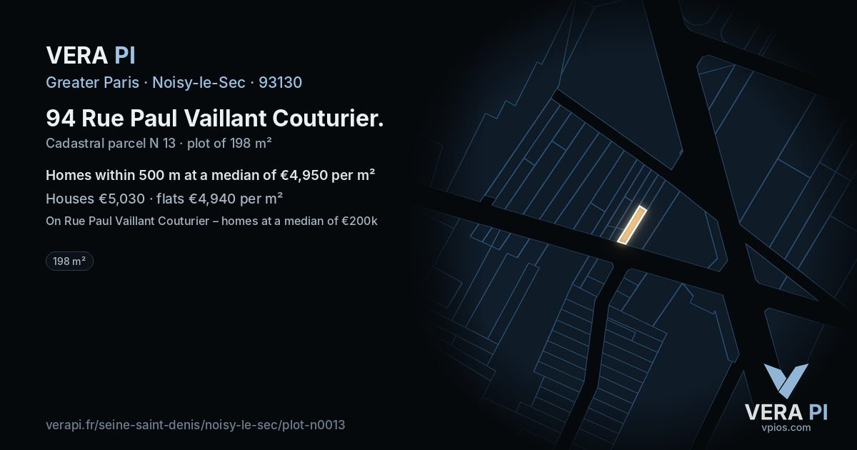 94 Rue Paul Vaillant Couturier, Noisy-le-Sec at night – the plot lit, the parcels around coloured by the prices near them