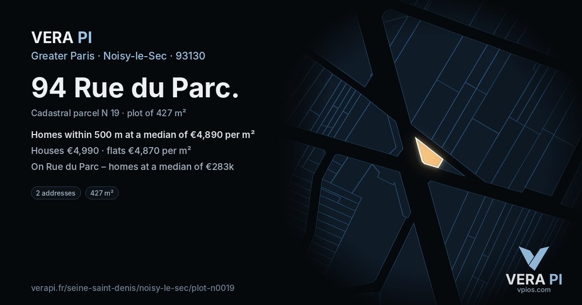 94 Rue du Parc, Noisy-le-Sec at night – the plot lit, the parcels around coloured by the prices near them