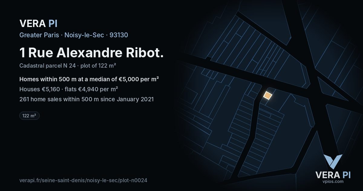 1 Rue Alexandre Ribot, Noisy-le-Sec at night – the plot lit, the parcels around coloured by the prices near them