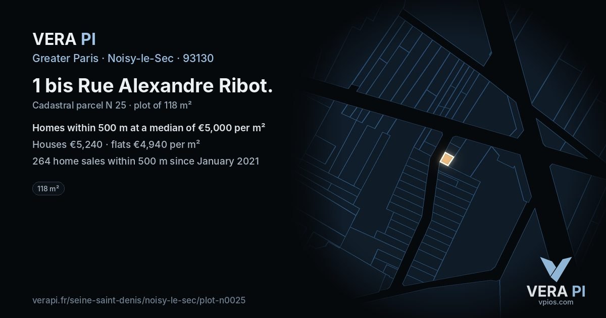 1 bis Rue Alexandre Ribot, Noisy-le-Sec at night – the plot lit, the parcels around coloured by the prices near them