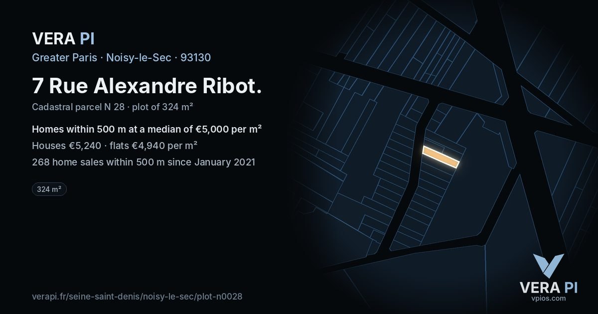 7 Rue Alexandre Ribot, Noisy-le-Sec at night – the plot lit, the parcels around coloured by the prices near them