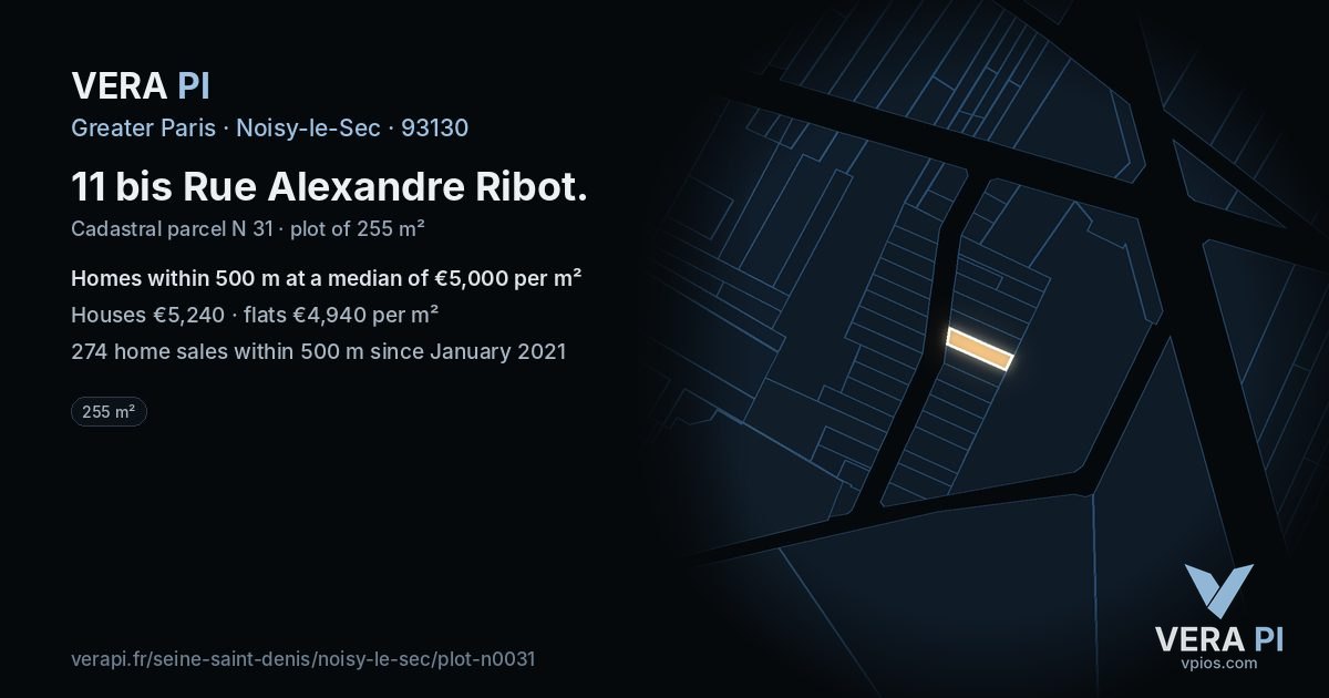 11 bis Rue Alexandre Ribot, Noisy-le-Sec at night – the plot lit, the parcels around coloured by the prices near them