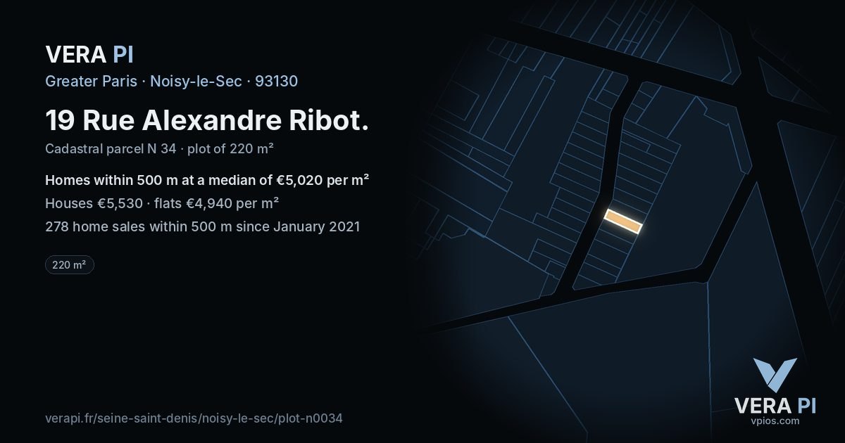 19 Rue Alexandre Ribot, Noisy-le-Sec at night – the plot lit, the parcels around coloured by the prices near them