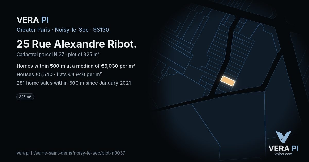25 Rue Alexandre Ribot, Noisy-le-Sec at night – the plot lit, the parcels around coloured by the prices near them