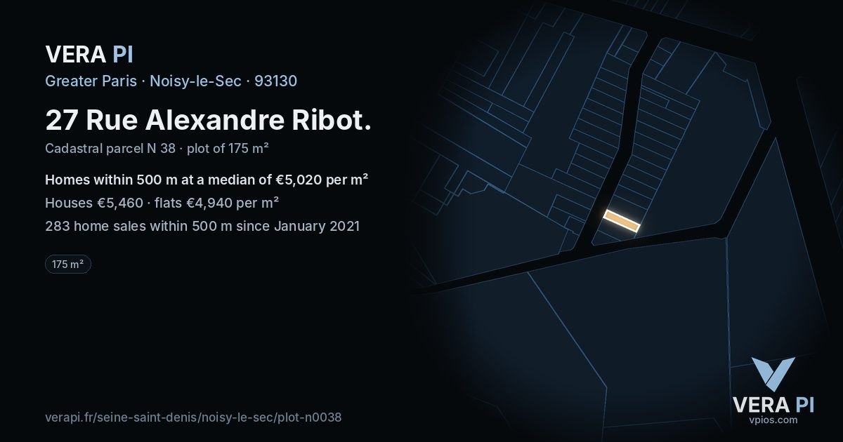 27 Rue Alexandre Ribot, Noisy-le-Sec at night – the plot lit, the parcels around coloured by the prices near them