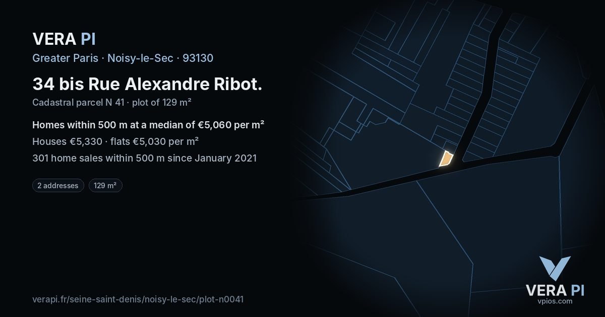 34 bis Rue Alexandre Ribot, Noisy-le-Sec at night – the plot lit, the parcels around coloured by the prices near them
